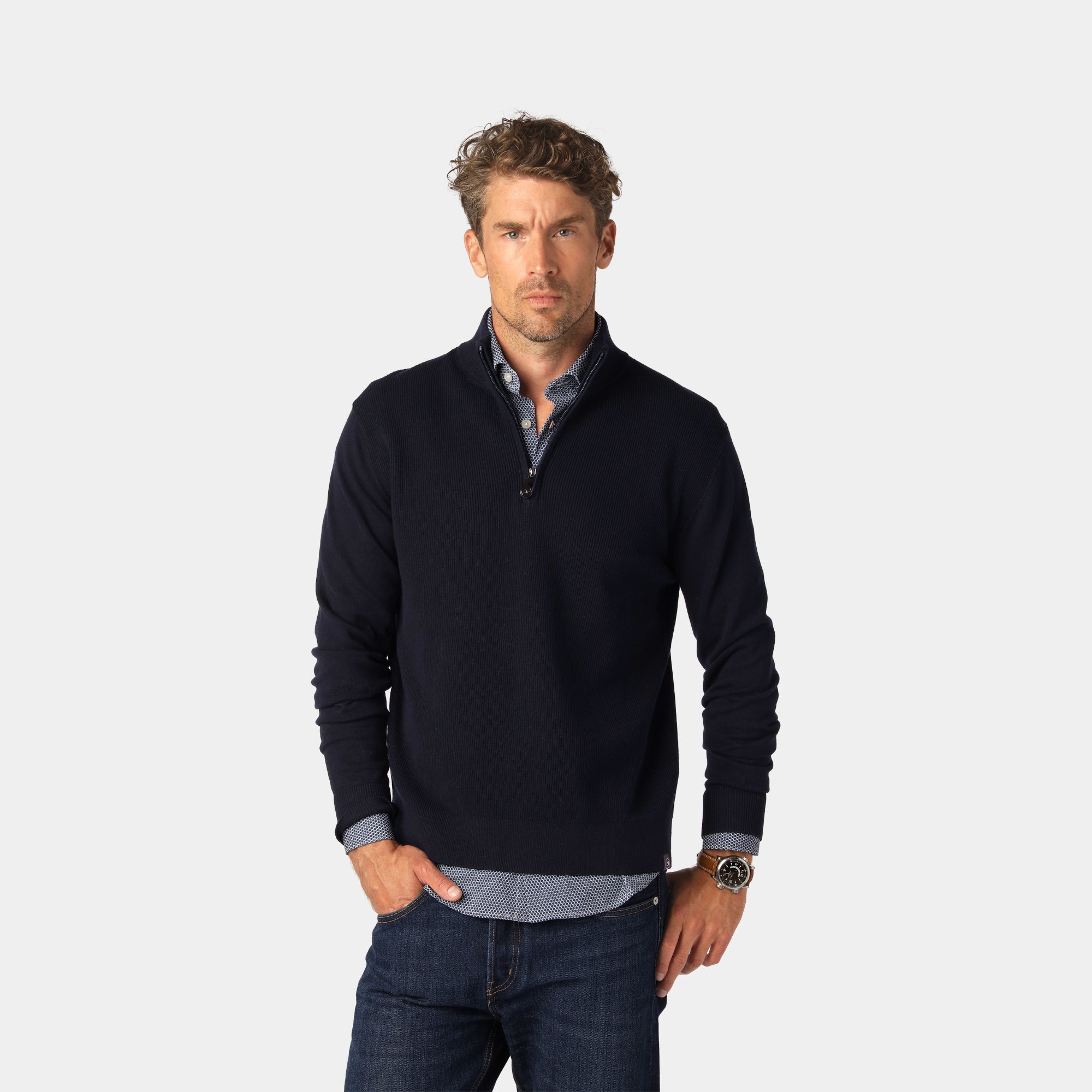 Marinblå stickad Half-Zip-tröja