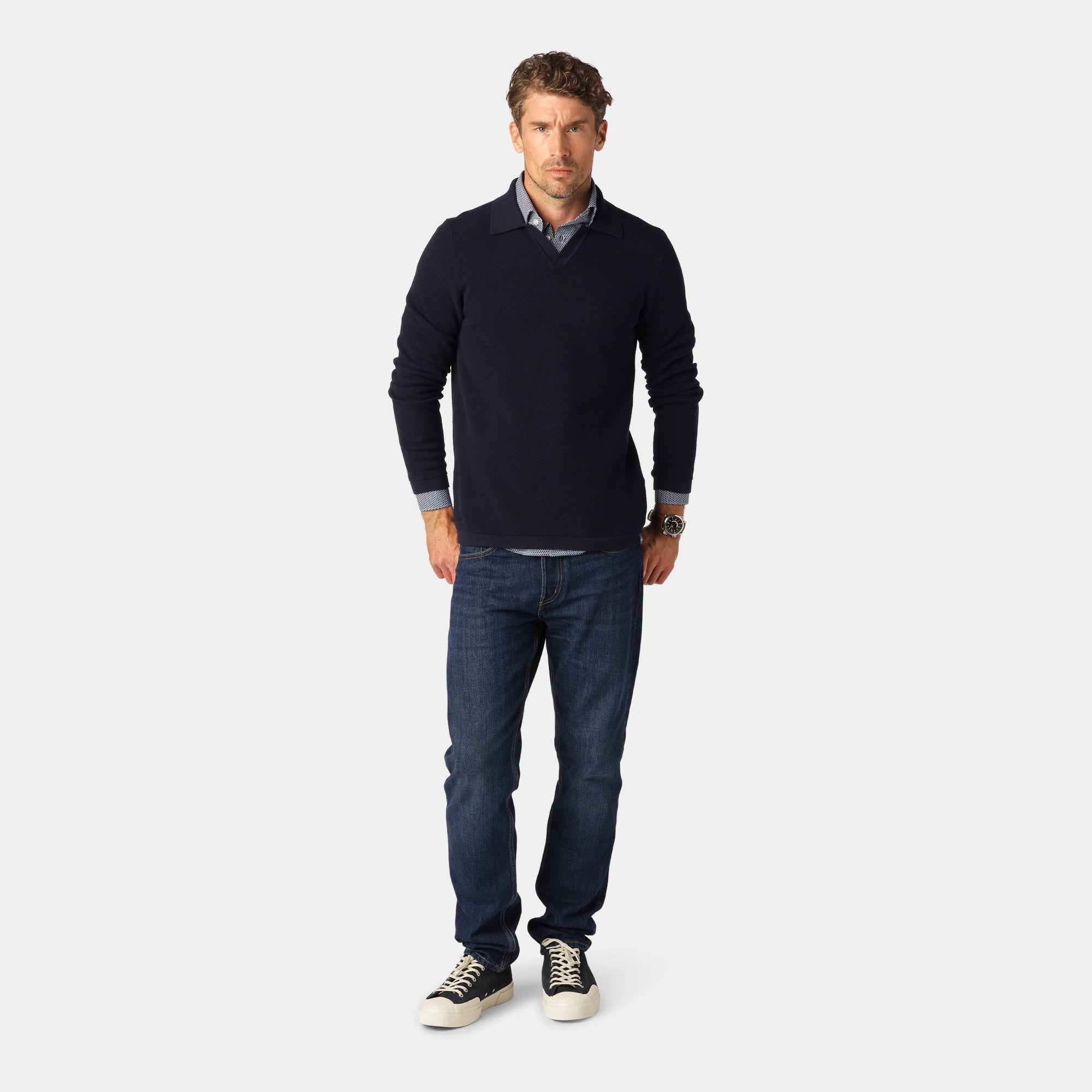 Marinblå Cotton Bowling Collar