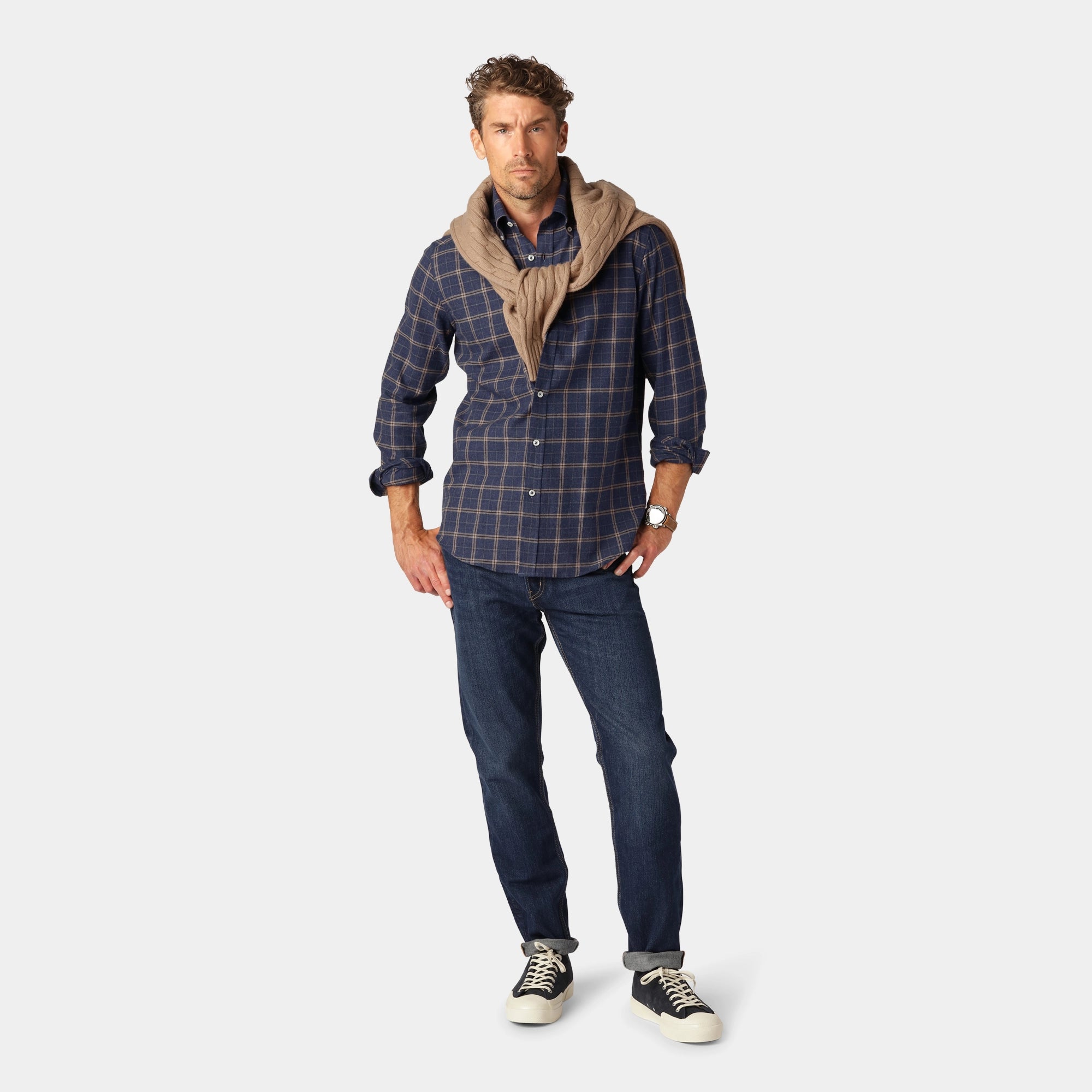 Blå Rutig Twill Flanellskjorta