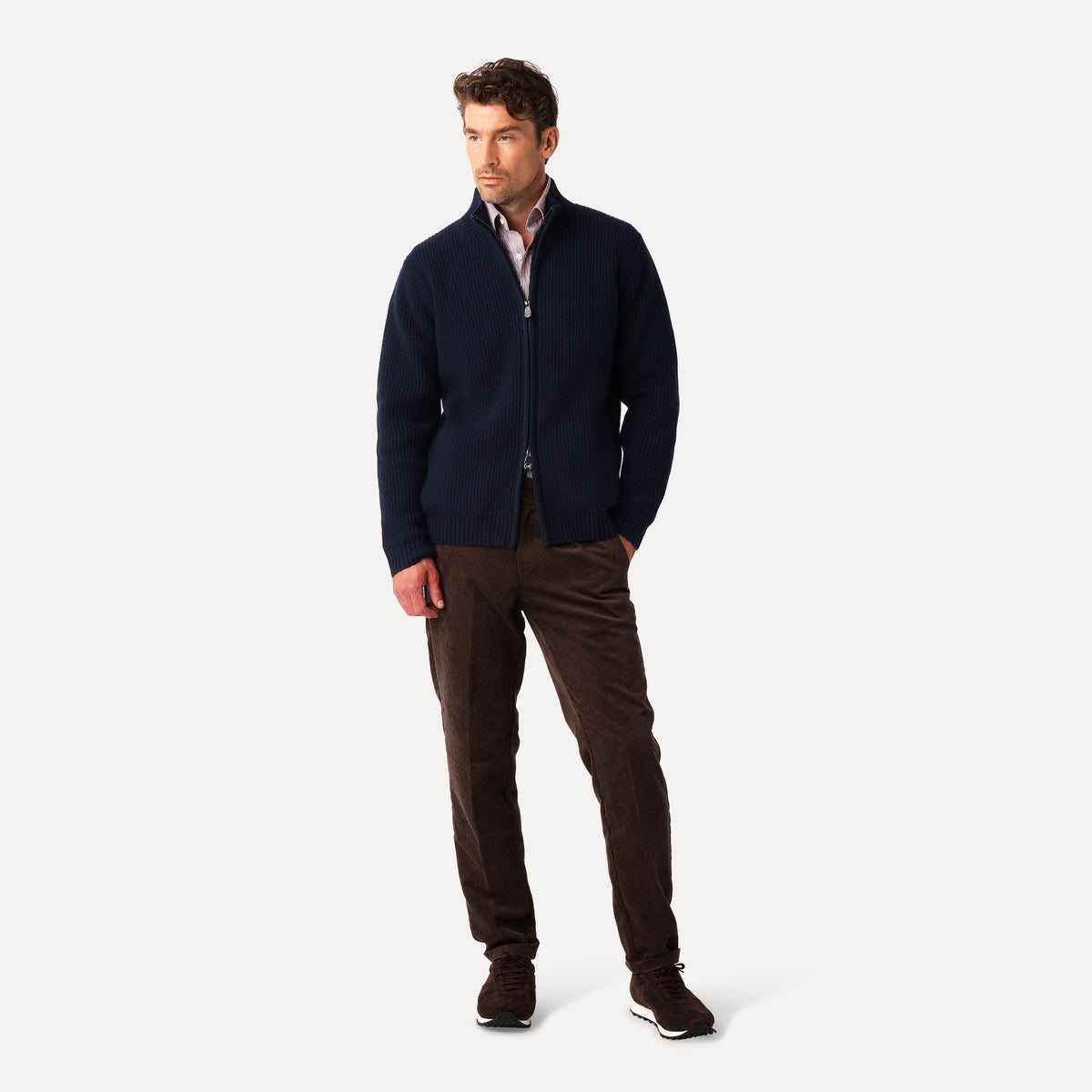 Ribbstickad Cardigan, Marinblå