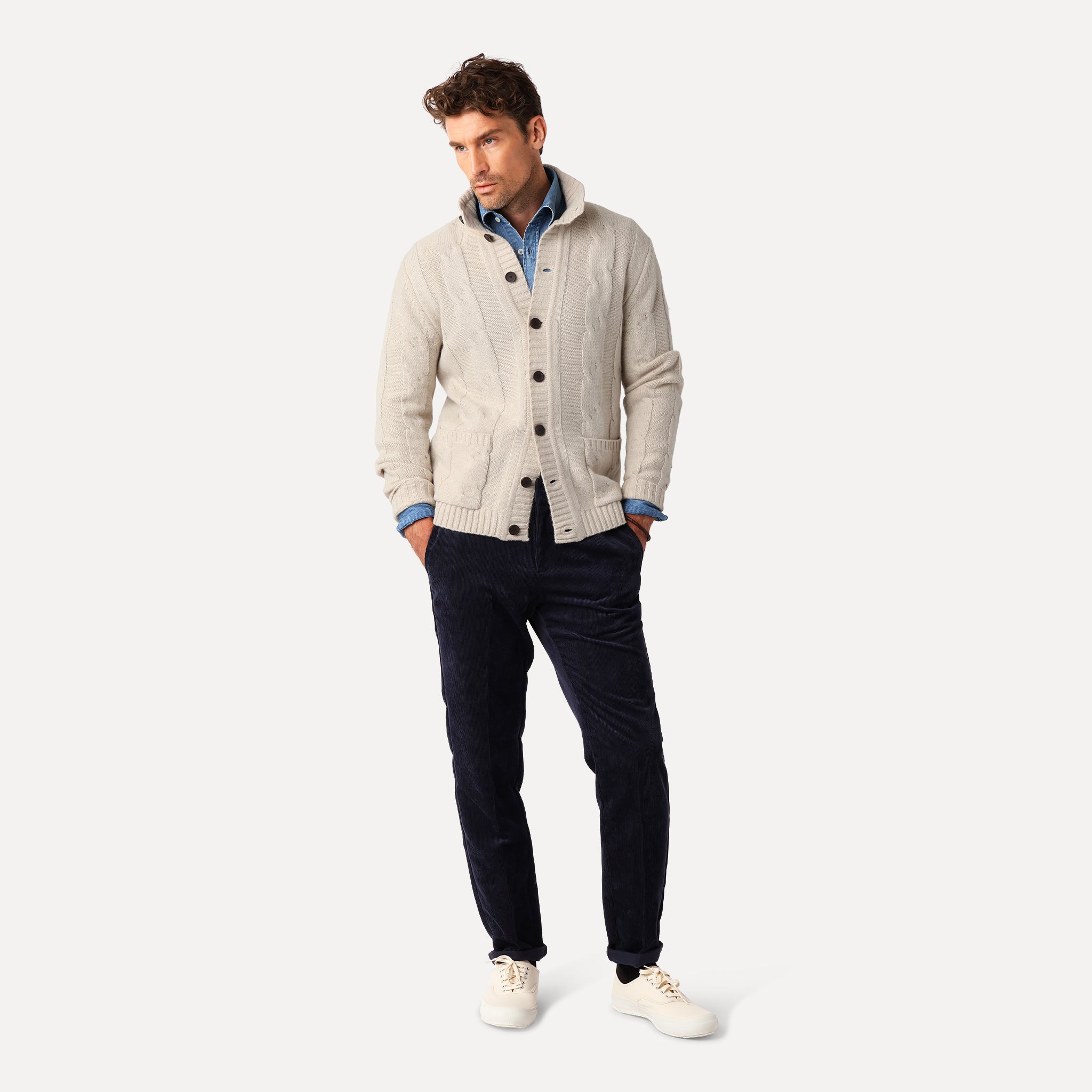 Grovstickad Kabelcardigan, Ljus Sand