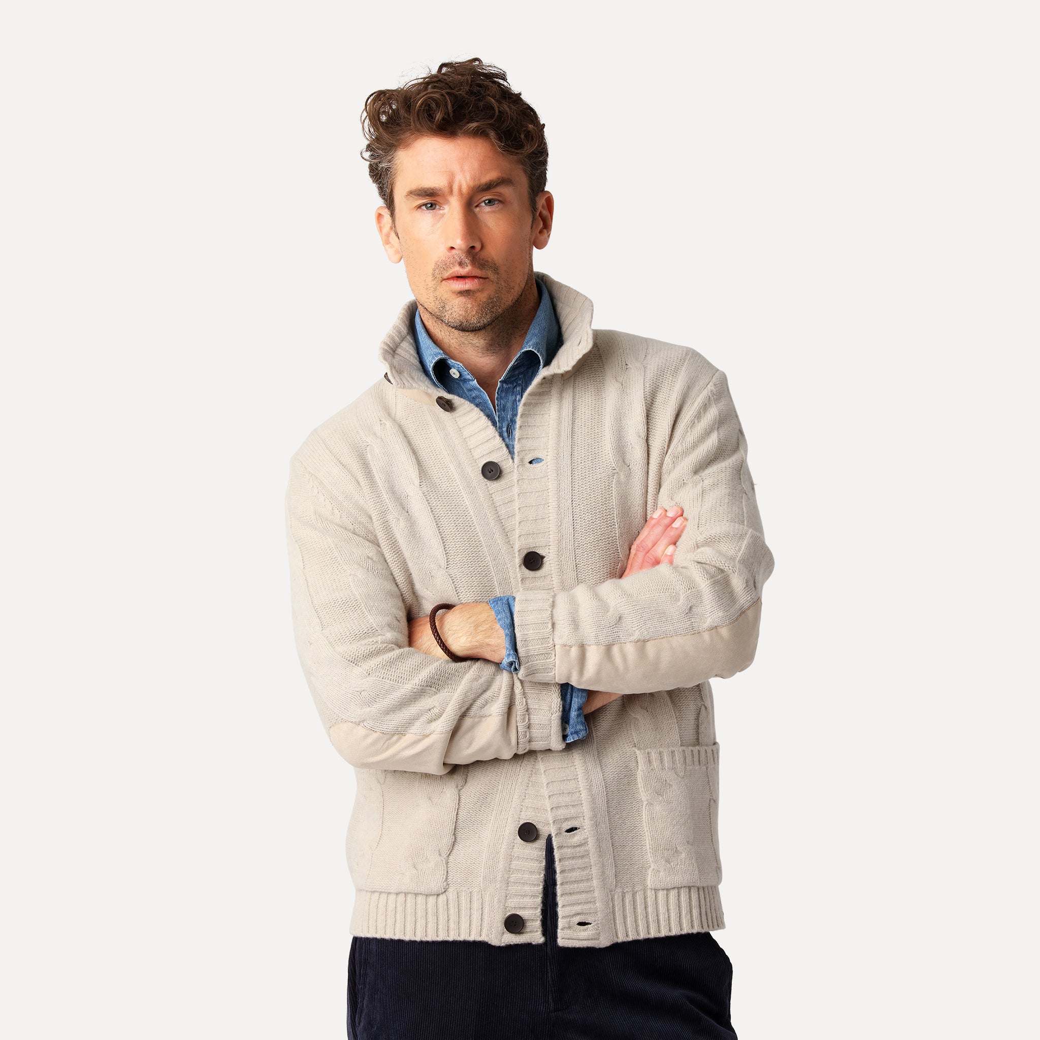 Grovstickad Kabelcardigan, Ljus Sand