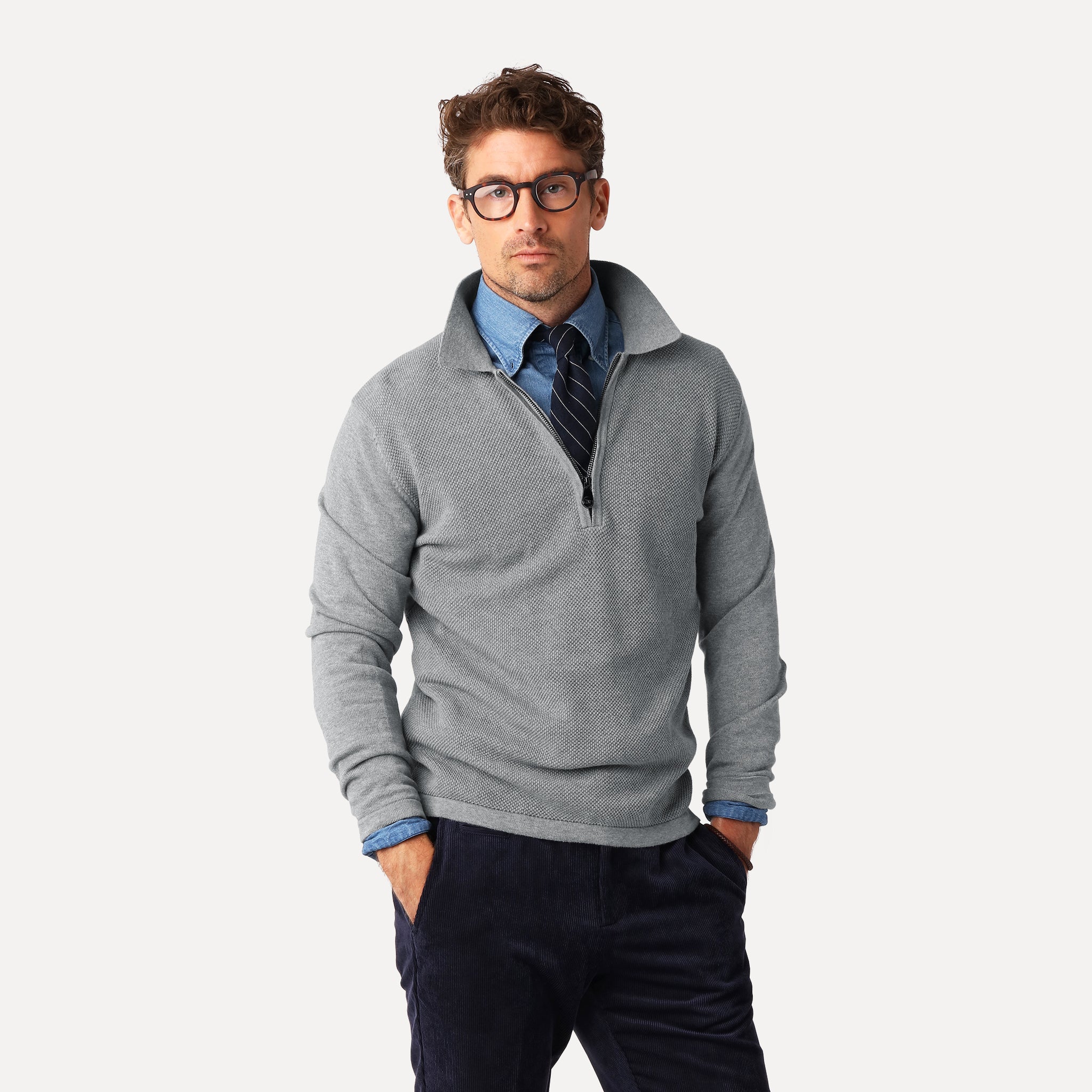 Half Zip i Bomull, Ljusgrå