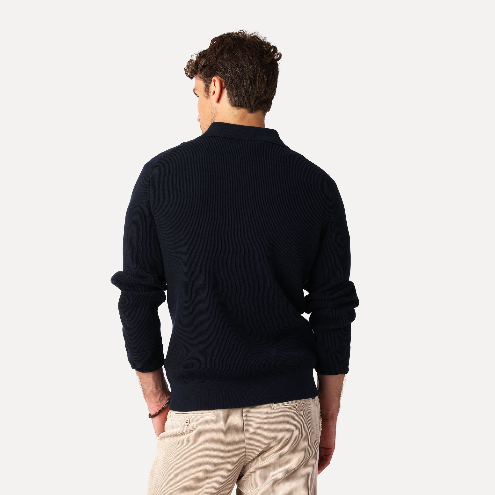 Ribbstickad Cardigan i Bomull, Marinblå