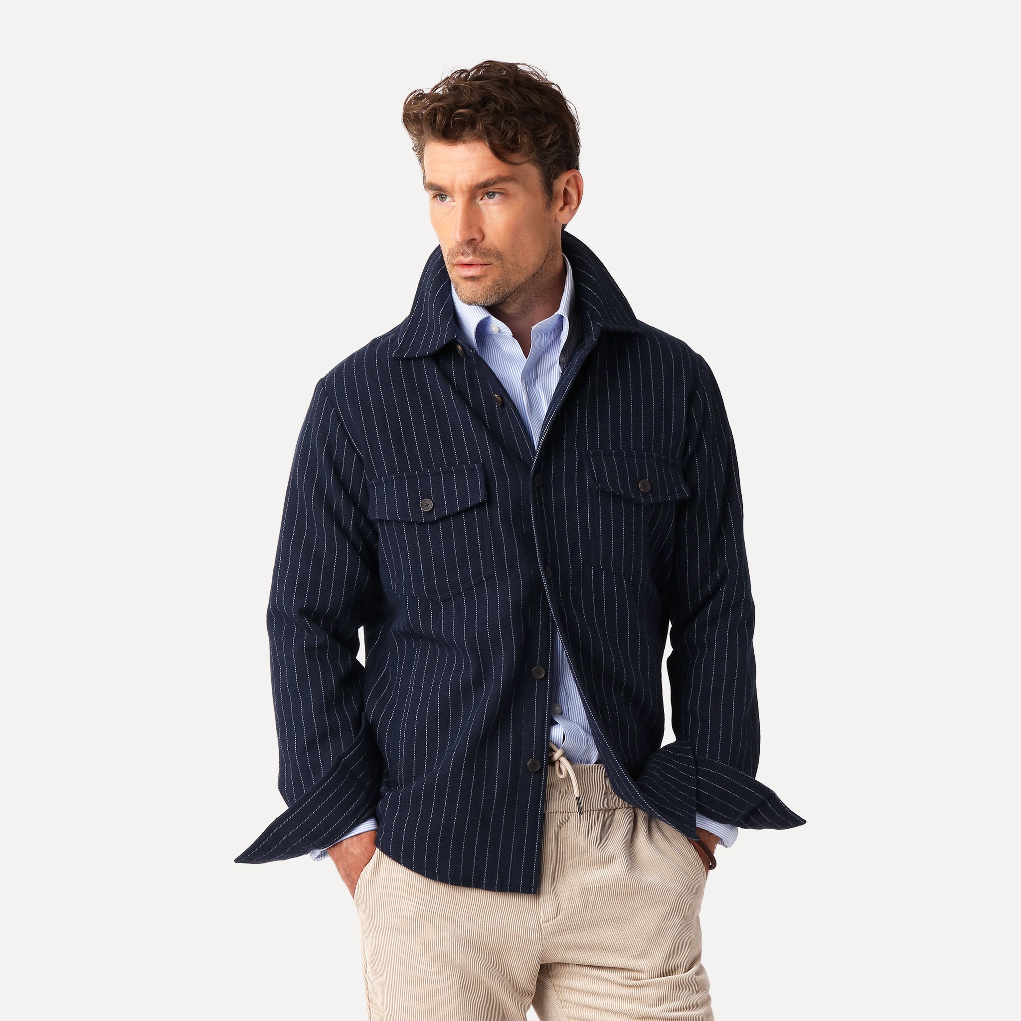Vävd Overshirt, Marinblå Kritstreck