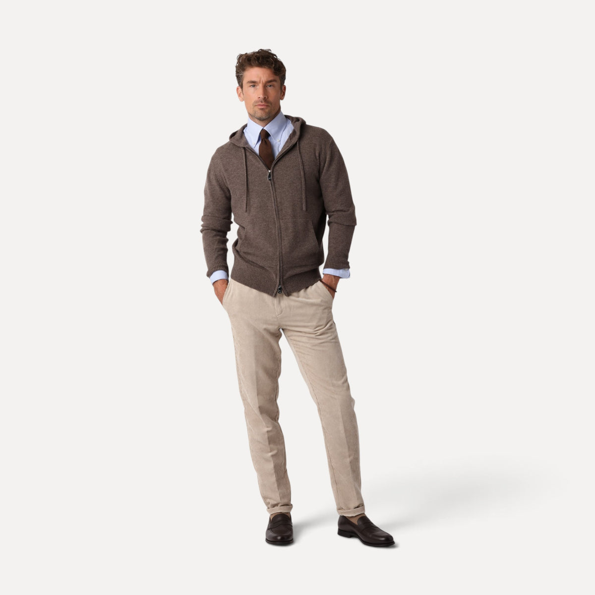 Hoodie i Kashmirblandning, Nougat