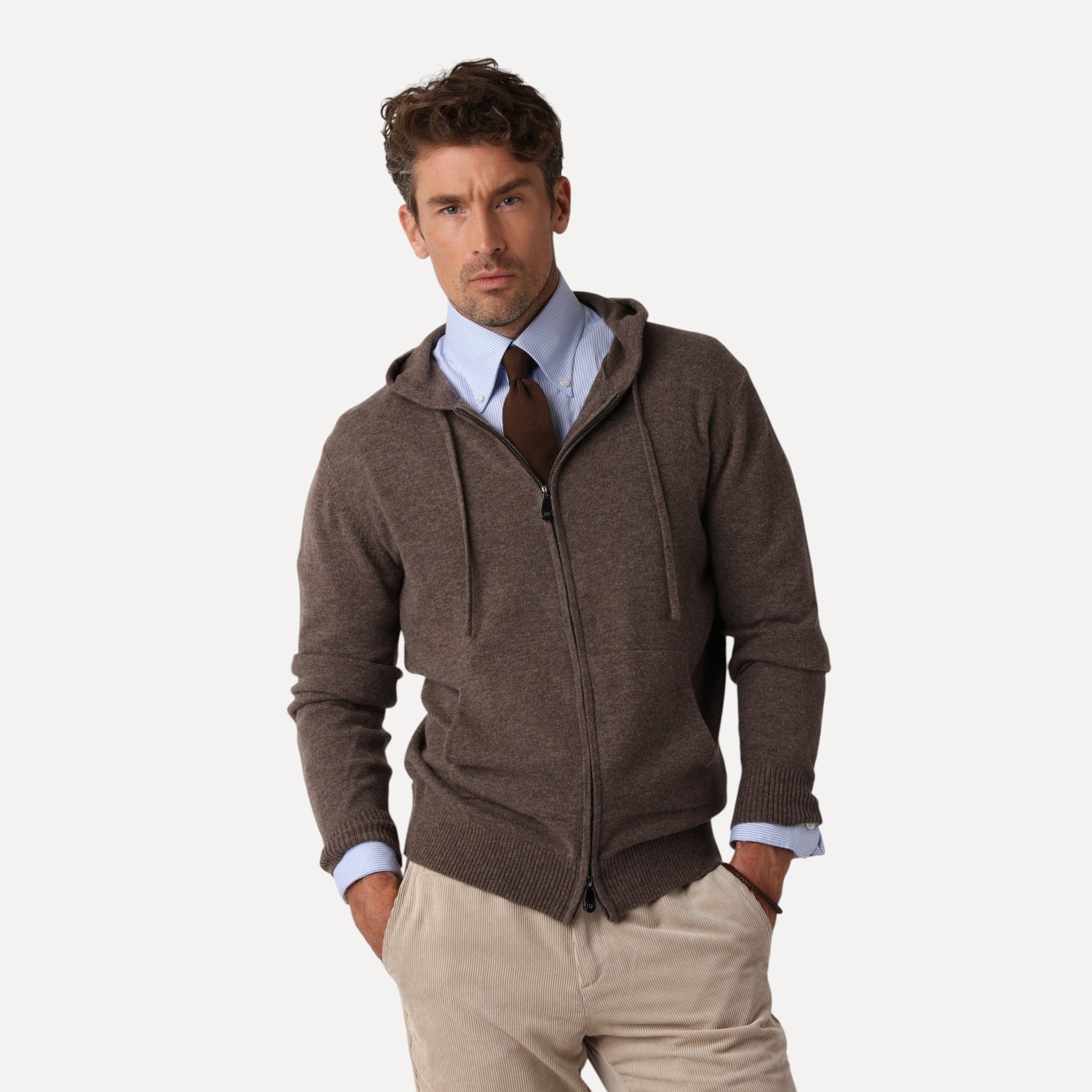 Hoodie i Kashmirblandning, Nougat